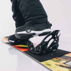 Burton Step On Grom kids boots and bindings with a Grom Ketchup and Mustard snowboard.